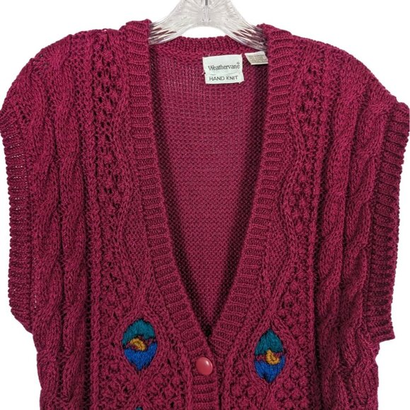 Weathervane hand knit Vintage Burgundy‎ Blue Sleeveless Cardigan Size Large - Picture 3 of 8